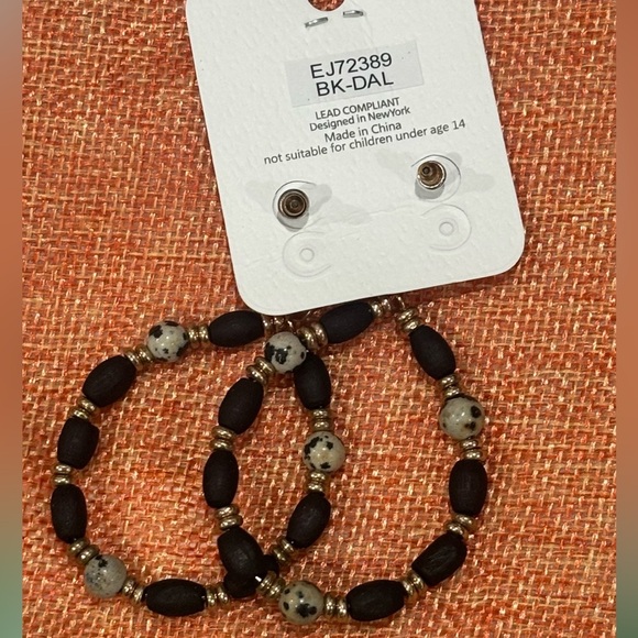 Boho Wood & Natural Stone Beads Earrings black gold NWT - Picture 4 of 7